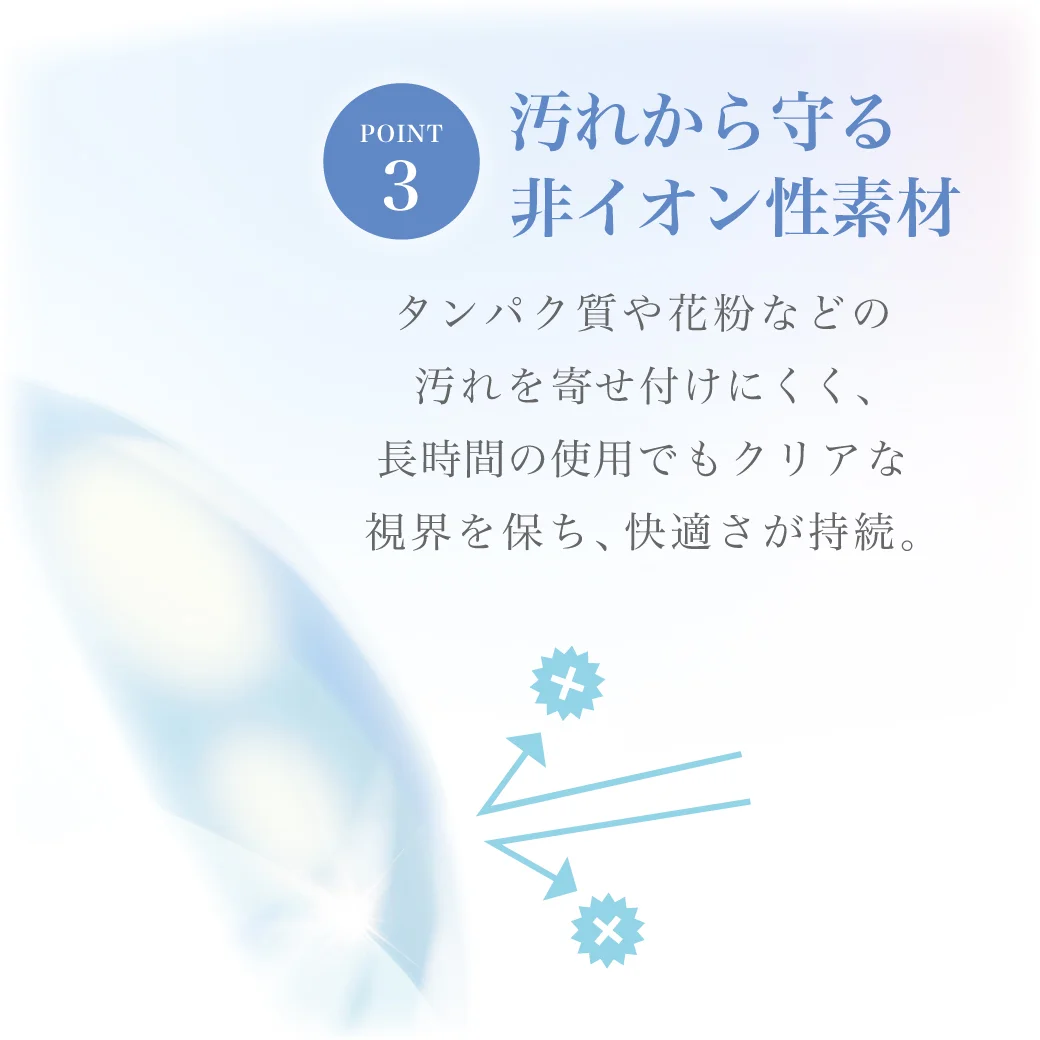 TeAmo CLEAR 2WEEK 品質のこだわり02 UVカット機能, 品質のこだわり03 非イオン性素材