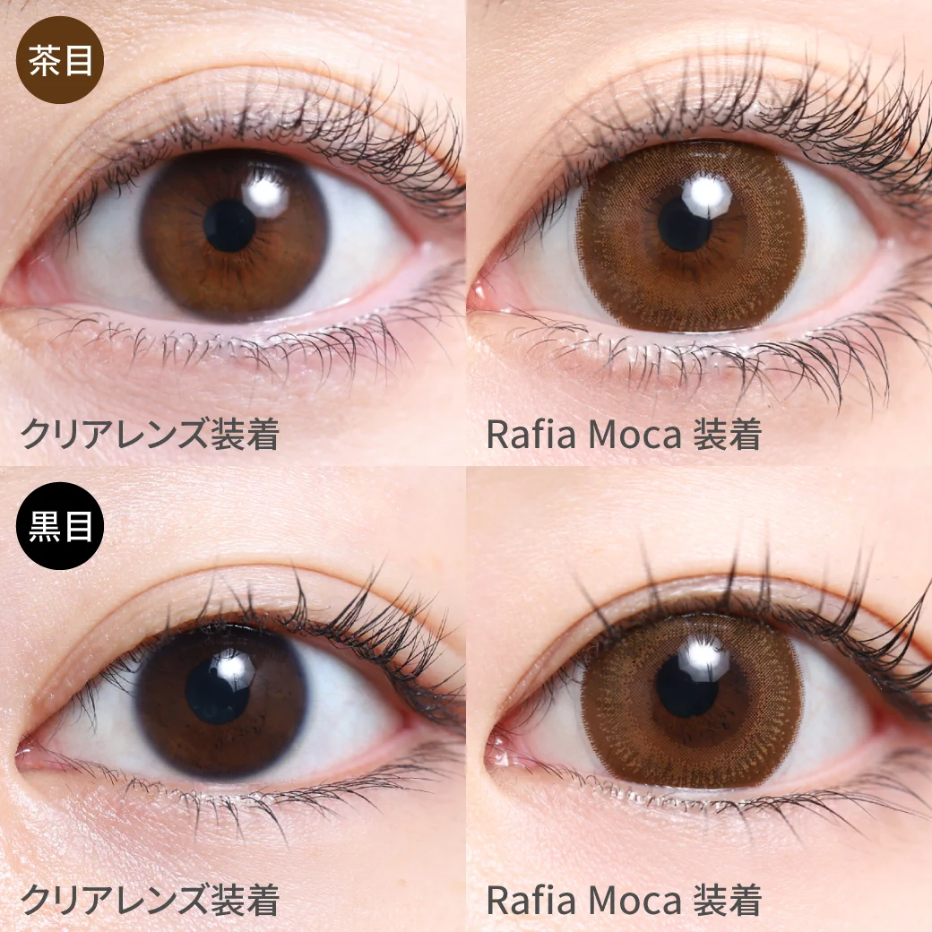 ラフィアモカ 黒目茶目着用画像 甘顔ライクな上品ブラウン｜カラコン ワンデー
