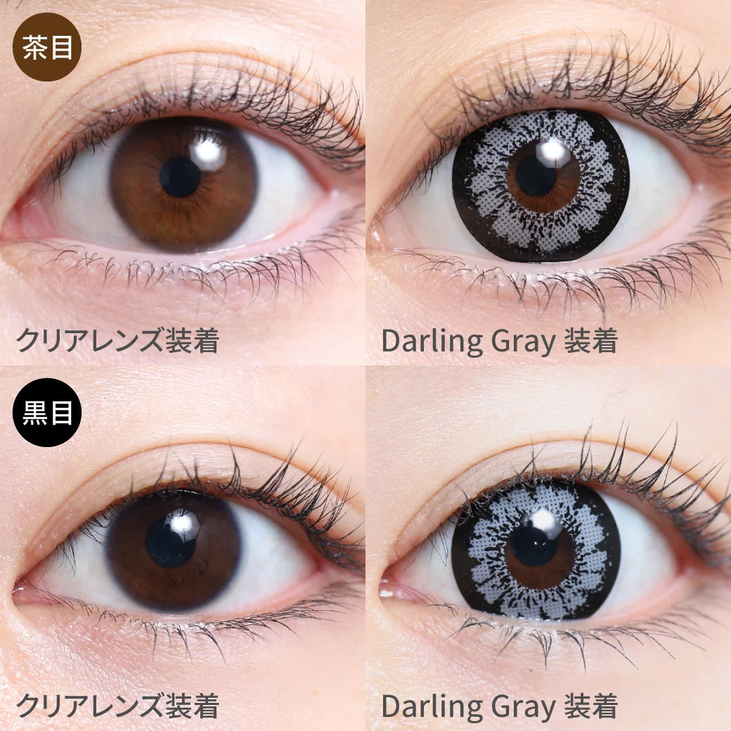 ダーリングレー茶目黒目着用画像 決して媚びない凛としたアッシュグレーカラーで印象的な瞳に。