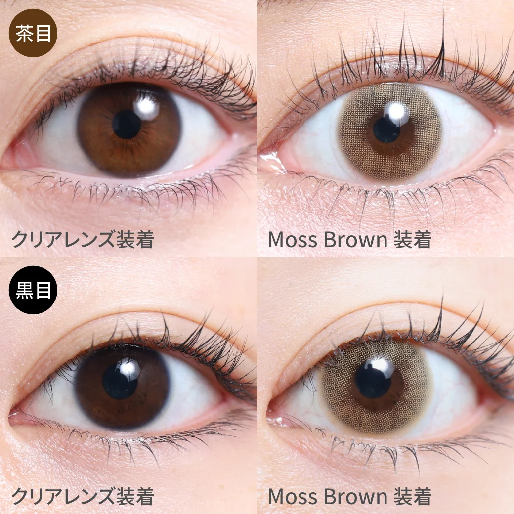 モスブラウン茶目黒目着用画像 ヘーゼルにもカーキにもイエローにも見える魅惑のハーフ発色