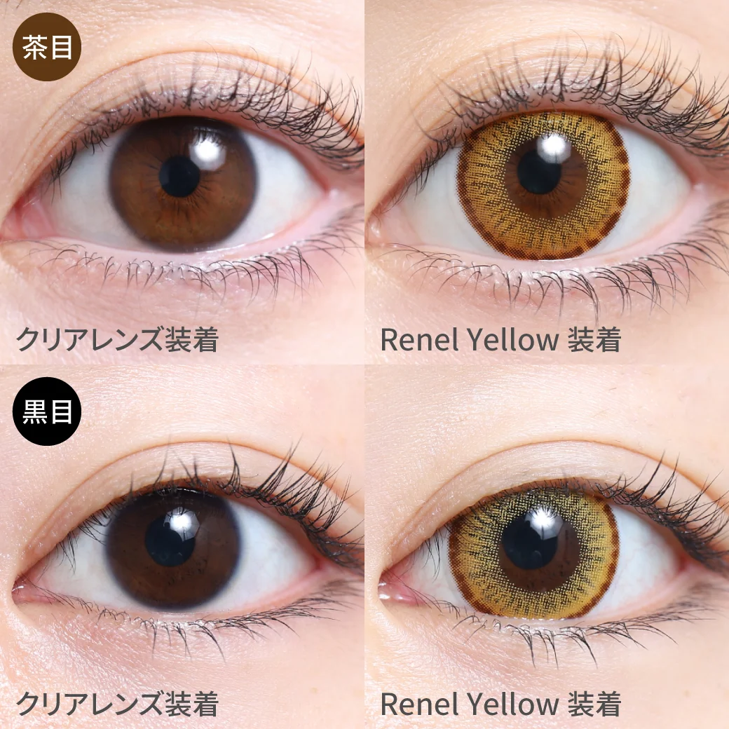 Renel Yellow茶目黒目着用着画 レネルイエロー きらきら輝くゴールドカラー。 主張しすぎず沈みすぎない絶妙な発色。