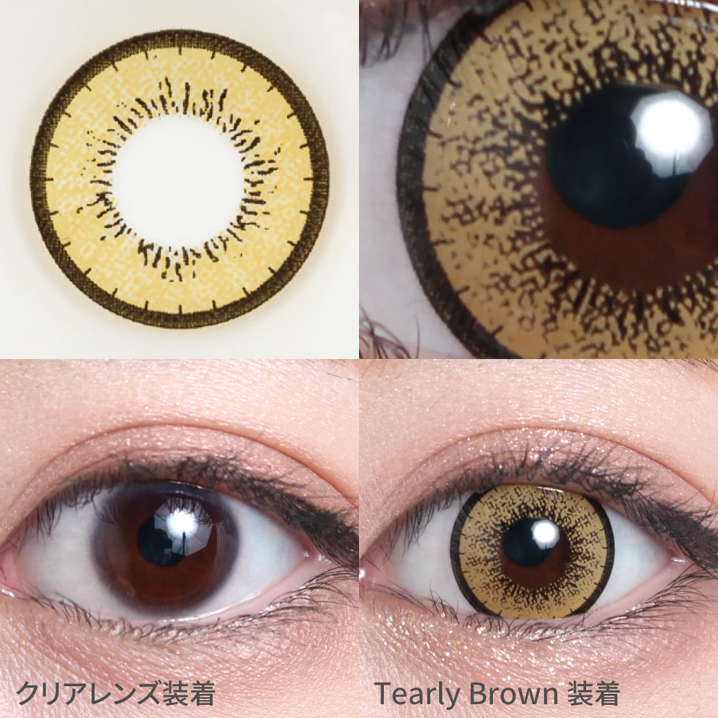 ティアリーブラウン着用画像 　イエローブラウンカラーと程よい太さのフチで、バランスよく盛れる瞳に。