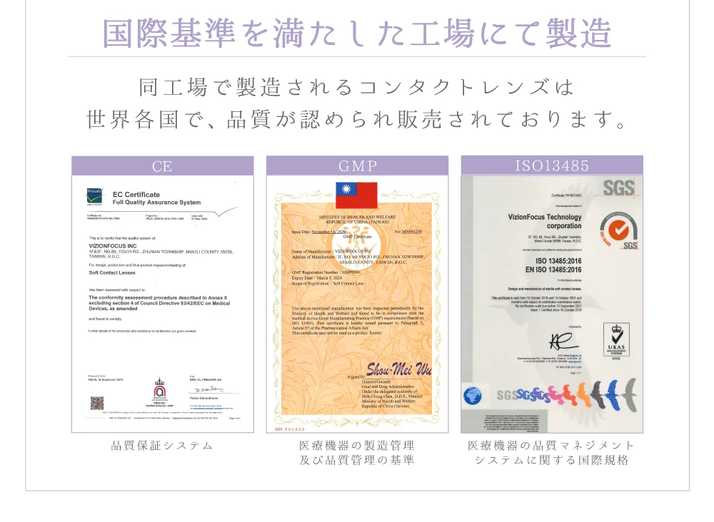 国際基準を満たした工場にて製造)同工場で製造されるコンタクトレンズは世界各国で、品質が認められ販売されております。