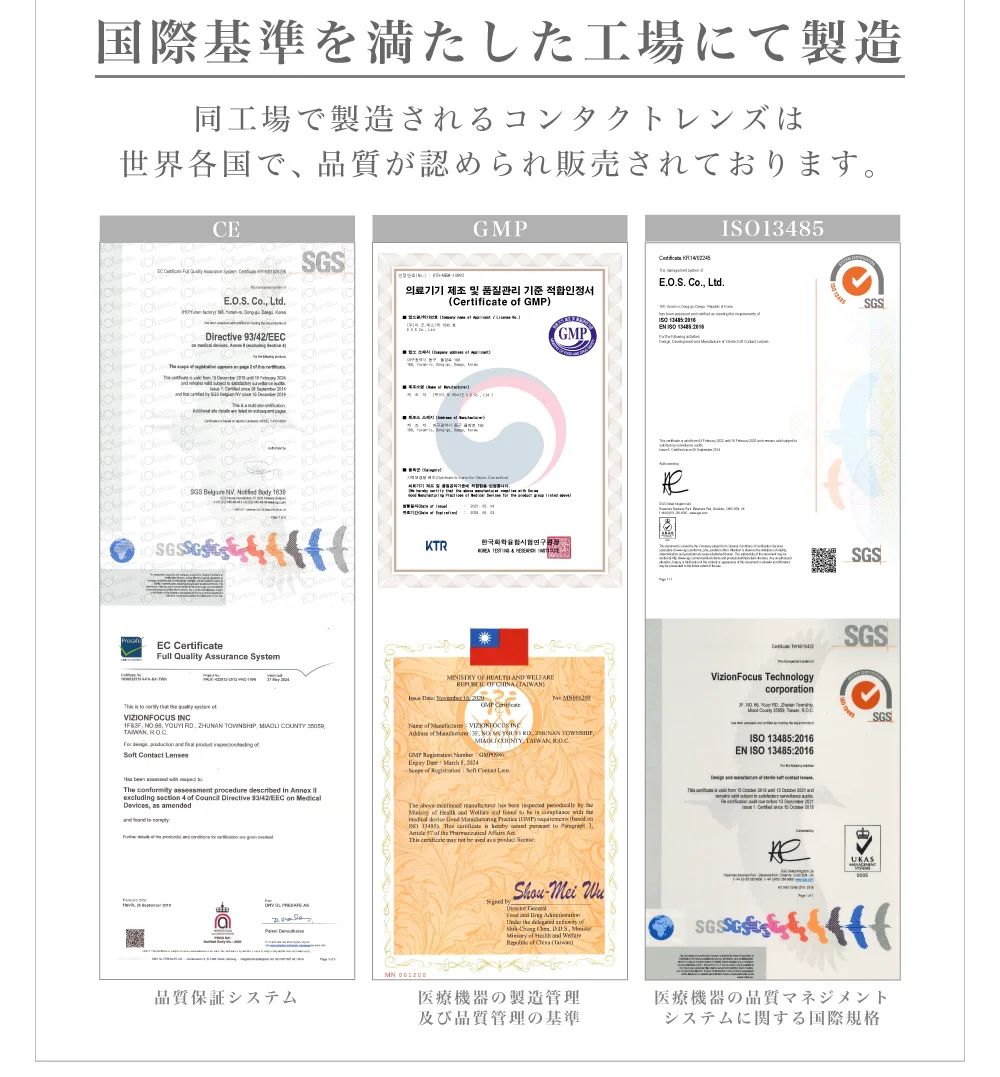 国際基準を満たした工場にて製造)同工場で製造されるコンタクトレンズは世界各国で、品質が認められ販売されております。